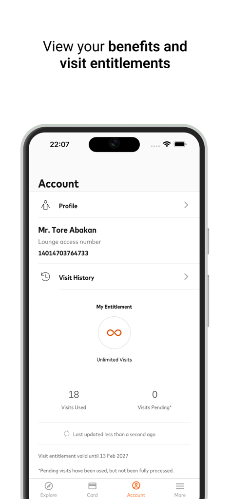 Mastercard Airport Experiences app screen showing account profile and lounge visit entitlements