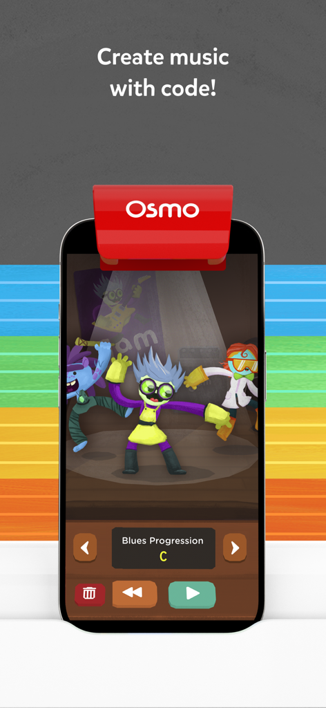 Osmo Coding Jam app interface on an iPhone showing characters on a stage and music controls