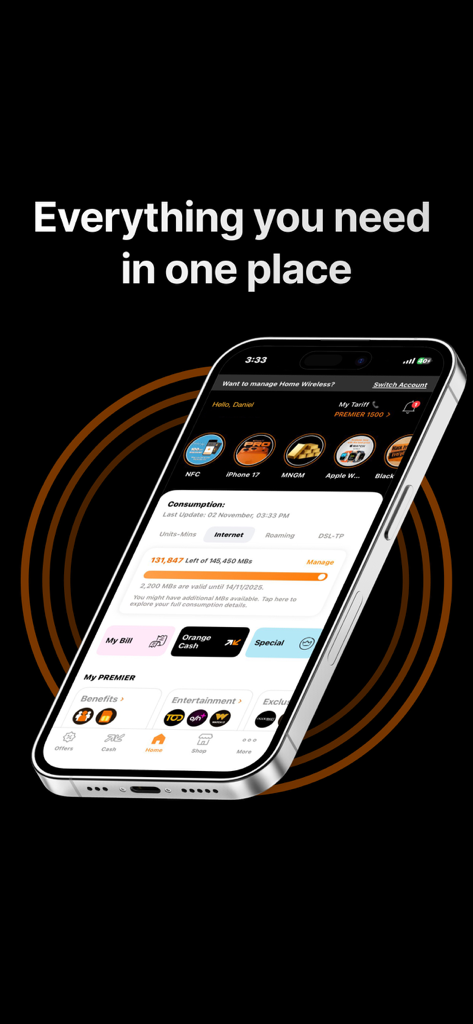 My Orange Egypt - Smartphone screen displaying My Orange Egypt app with data usage and account management features