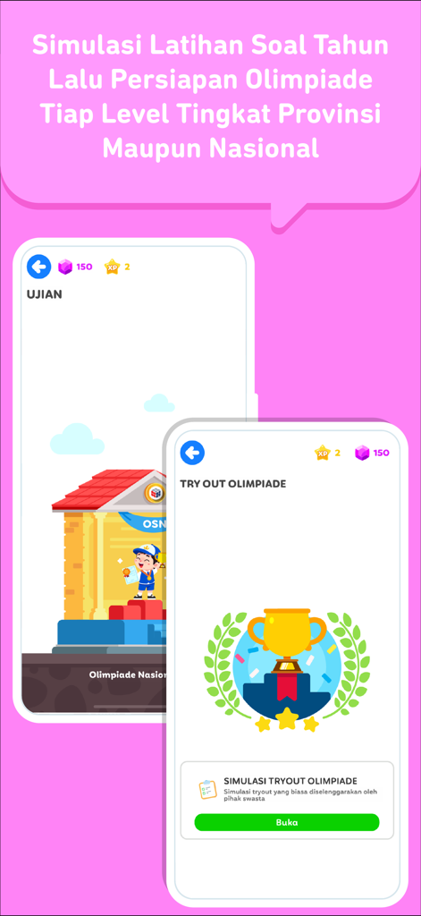 Soal Ujian SMP + TKA - Olympiad exam preparation screen with a trophy illustration