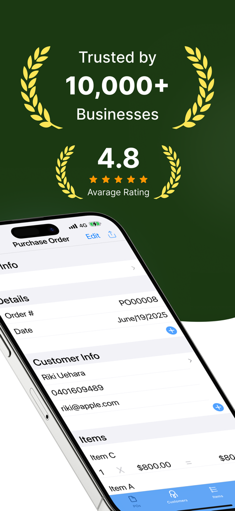 Purchase Order Maker - PO app - A mobile interface of the Purchase Order Maker app showing a 4.8 star rating and a sample purchase order form