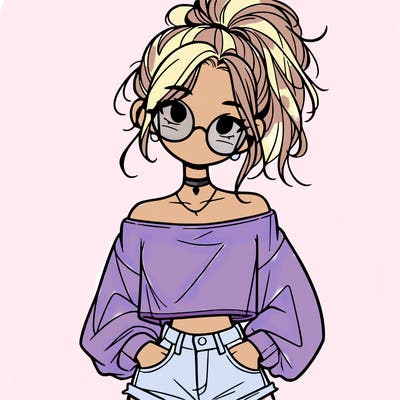 girl with a messy ponytail glasses a baggy crop top and jean shorts