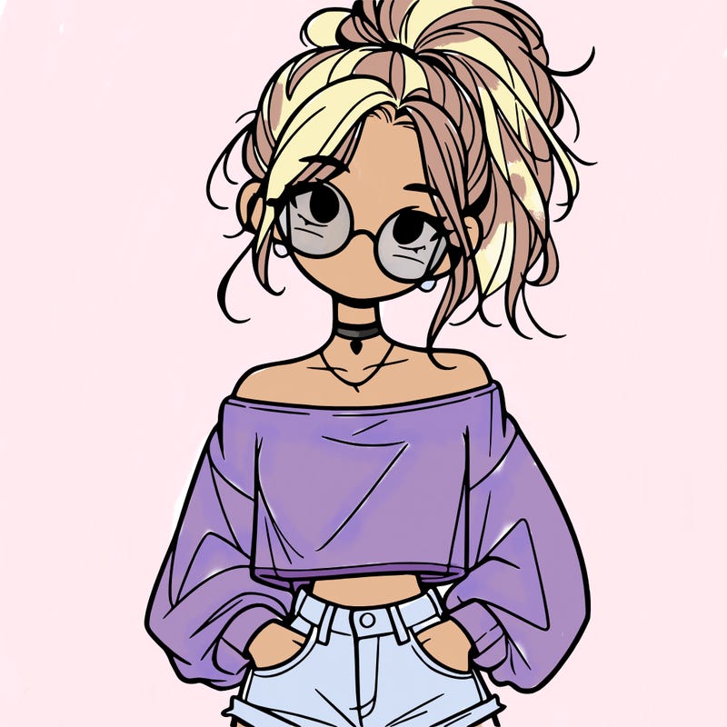 girl with a messy ponytail glasses a baggy crop top and jean shorts