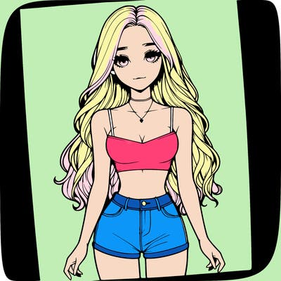 a realistic girl with long hair and in a crop top and shprts