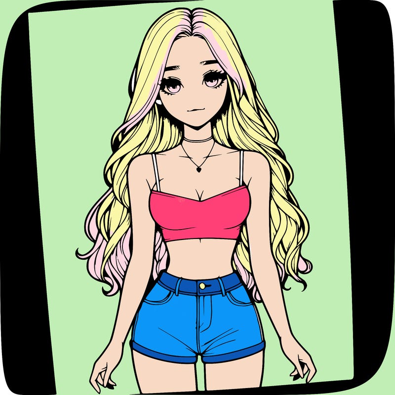 a realistic girl with long hair and in a crop top and shprts