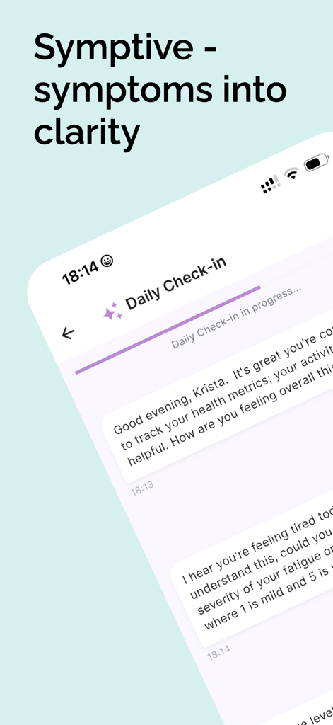 Symptive: Hormone Health - Interface of the Symptive app showing an AI-powered daily check-in chat for tracking hormonal health and menopause symptoms.