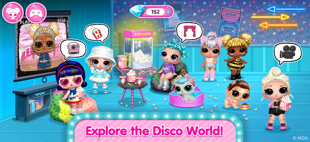 LOL Surprise dolls and pets playing in a colorful disco themed room with popcorn and movie screen