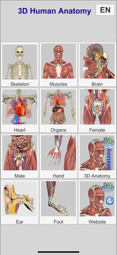Main menu of the 3D Bones and Muscles app showing a grid of selectable anatomical systems like skeleton muscles and brain