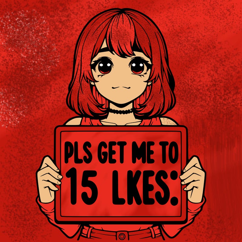 realistic girl holding up a sign that says “pls get me to 15 likes!”
