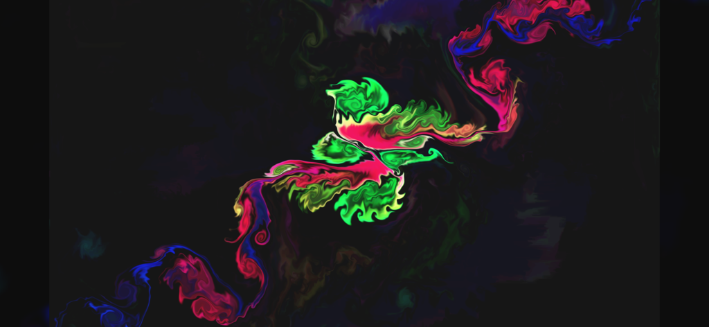 Colorful abstract fluid art with green pink and blue swirls on a black background