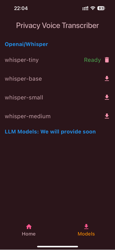 VoiceScriber - VoiceScriber app interface showing a list of downloadable OpenAI Whisper models for offline voice transcription