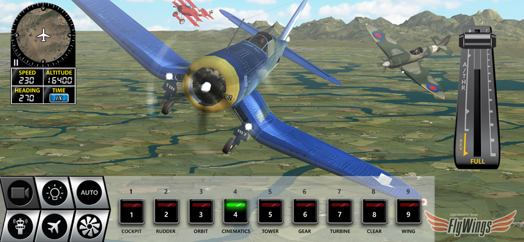 Flight Simulator FlyWings 2016 - Gameplay screenshot of Flight Simulator FlyWings 2016 showing a Corsair and Spitfire flying over terrain with flight instrument UI