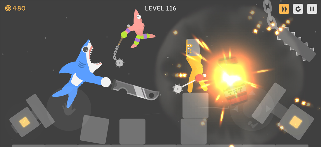 Ragdoll Hit:Wild puppet battle - Stickman and shark characters fighting in a physics based ragdoll battle with an explosion.