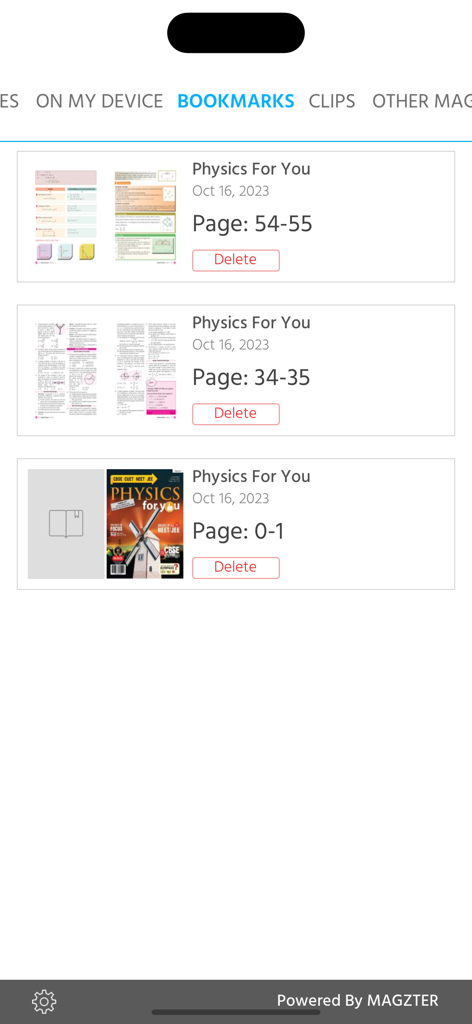 Physics For You - A list of bookmarked pages within the Physics For You educational magazine app showing saved content and delete options