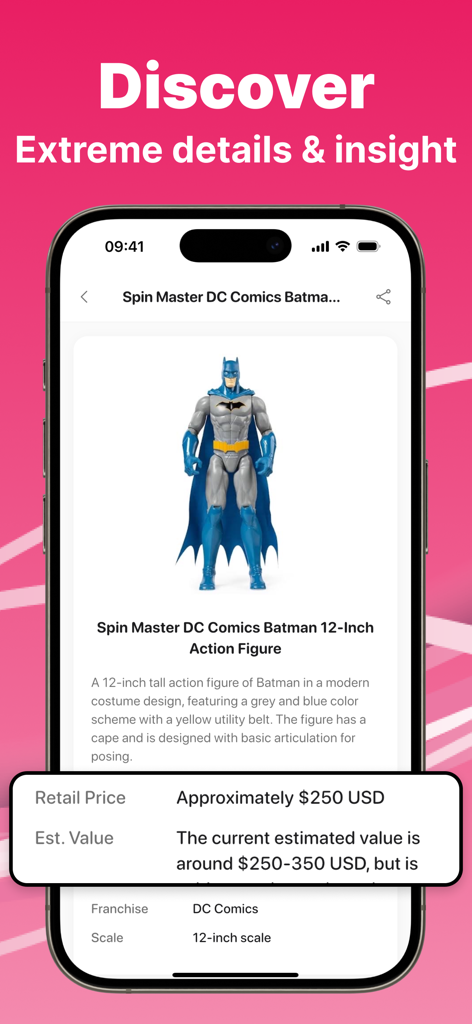 Figure ID: AI Toy Identifier - Interface do aplicativo móvel Figure ID mostrando o valor de mercado detalhado e especificações técnicas para uma figura de ação do Batman.