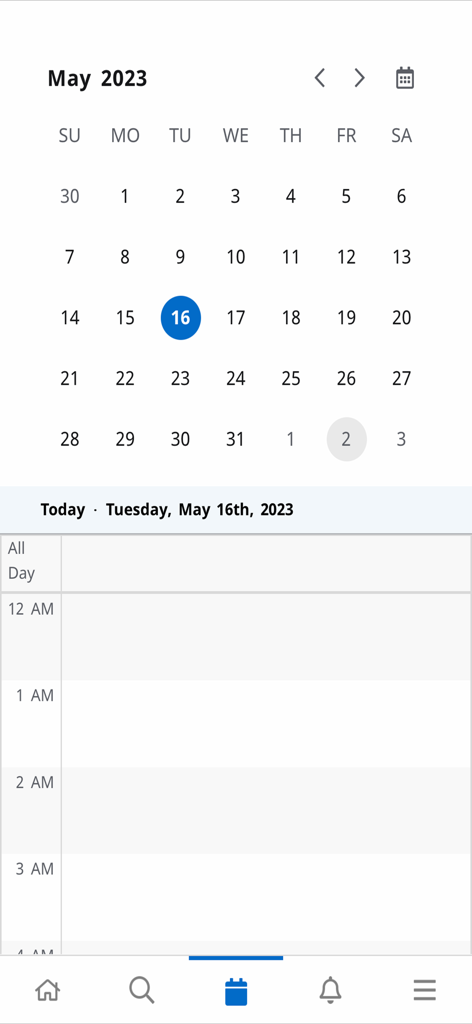 Wor-Wic Mobile - Tela de calendário e grade diária do aplicativo Wor-Wic Mobile
