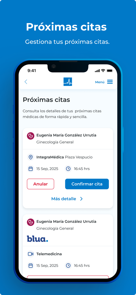 Mi Portal Bupa - Pantalla de la aplicación Mi Portal Bupa que muestra próximas citas médicas y opciones de telemedicina con botones de confirmar y cancelar