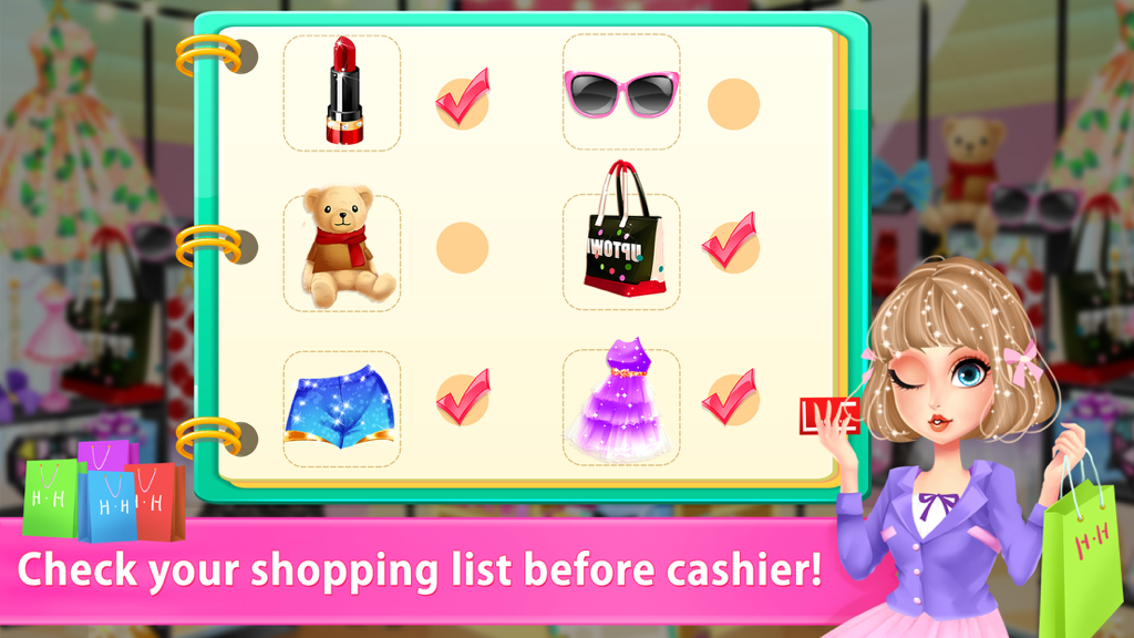 Mall Girl Shopping Day - Dress up Girl Games - A shopping checklist with fashion items and accessories next to a cartoon girl character in the Mall Girl game