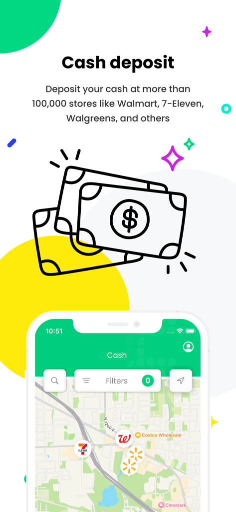 Seis: Cash Advance - Pantalla de la app Seis que muestra ubicaciones de depósitos en efectivo en comercios como Walmart y 7-Eleven en un mapa