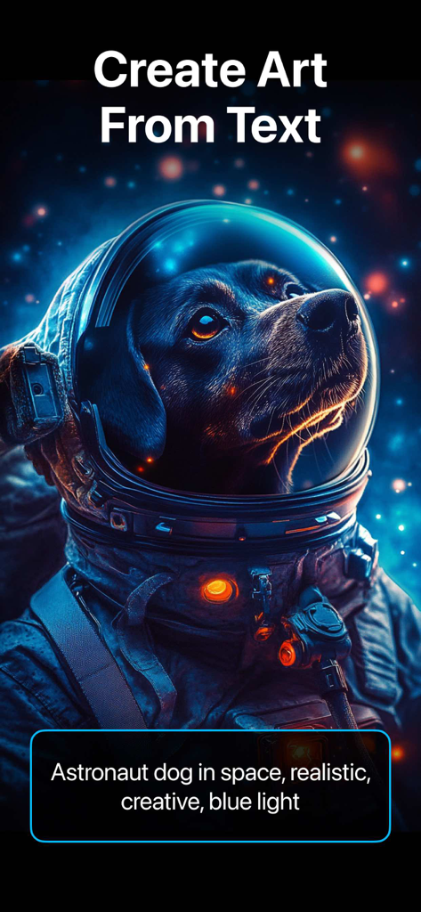 Interfaz de la app Pix AI que muestra un perro astronauta realista generado por IA a partir de una indicación de texto