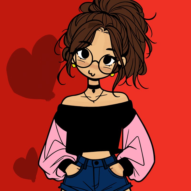 girl with a messy ponytail glasses a baggy crop top and jean shorts