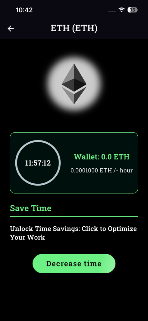 Ein Dashboard für virtuelles Ethereum-Mining, das das aktuelle Guthaben und einen Mining-Timer anzeigt