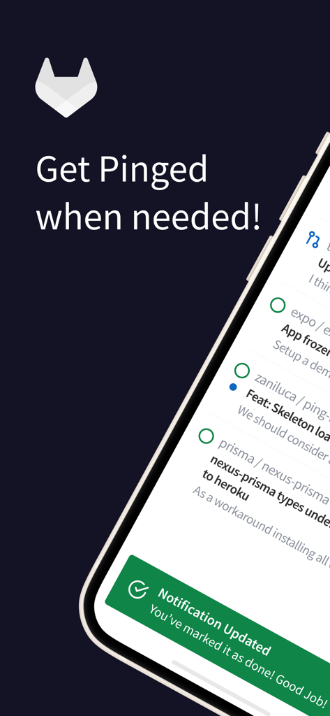 Ping For Gitlab - Interfaz de la aplicación Ping for Gitlab mostrando una lista de tareas de desarrollador y una alerta de notificación actualizada en verde