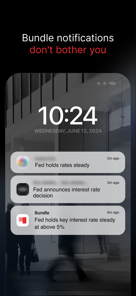 iPhone lock screen showing clear and concise news notifications from the Bundle app