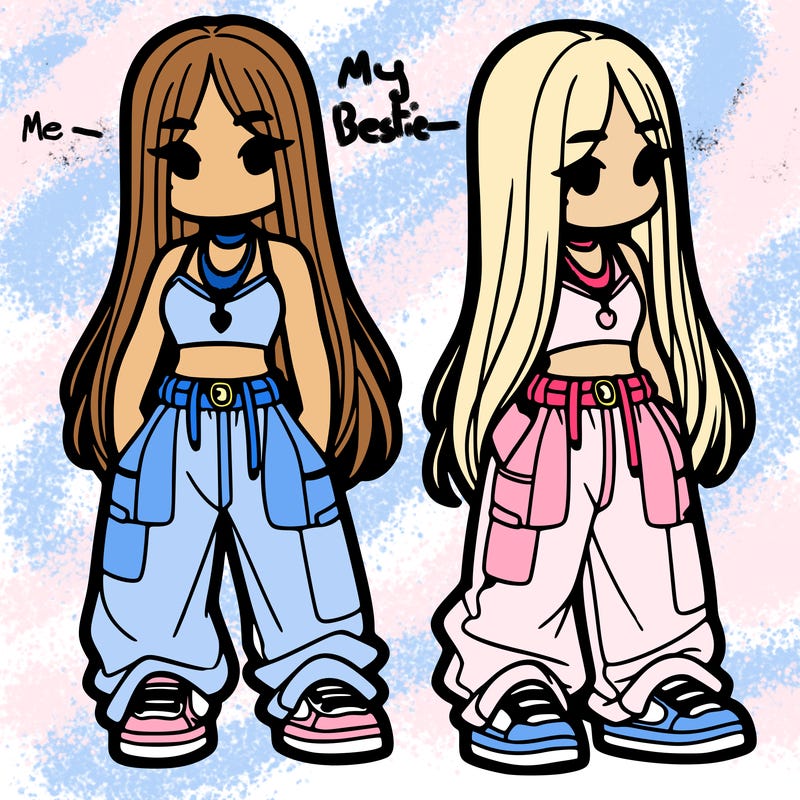 girl in baggy pants crop top and long hair