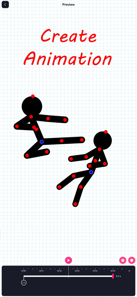 Interface of Stick Animator app showing two poseable stick figures on a grid with an animation timeline.