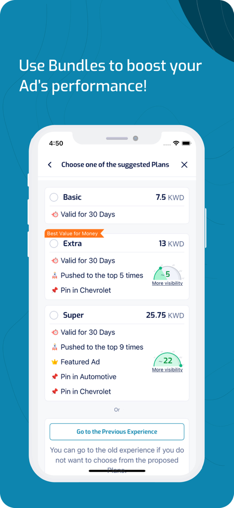 Q8Car - Interface of Q8Car app showing advertisement promotion bundles to boost ad performance