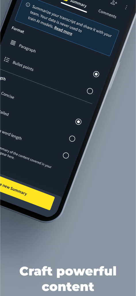 Trint - Trint app interface showing AI-powered transcript summary settings for format and length.