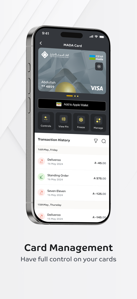 Une capture d'écran de l'application SAIB Mobile montrant l'écran de gestion des cartes avec une carte Mada numérique et l'historique des transactions