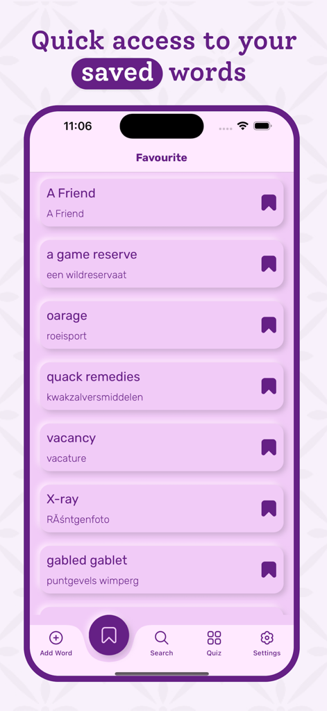 Dutch | Dutch Dictionary - Interface of the Dutch Dictionary app showing a list of saved favorite words and their translations