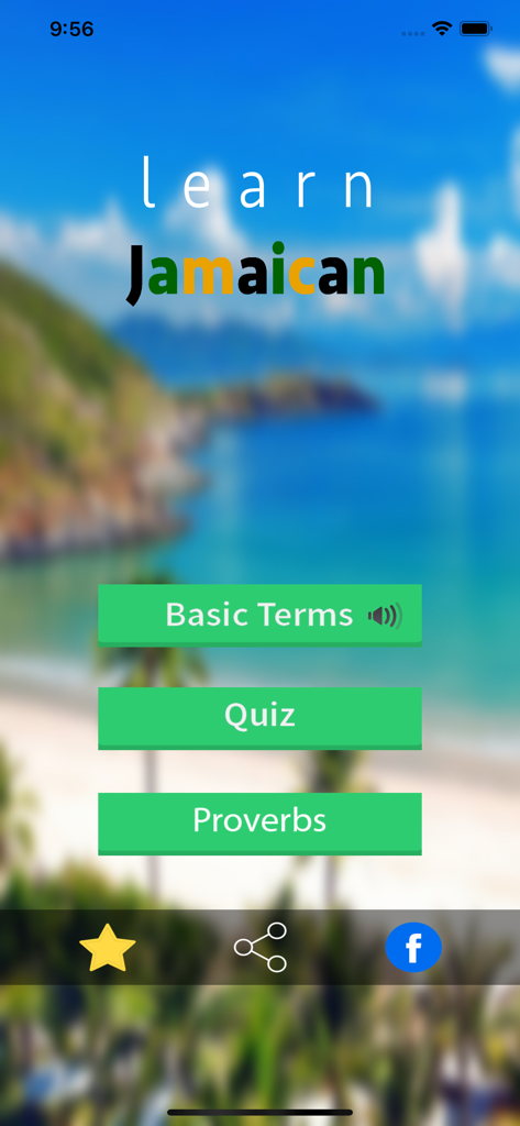 Learn Jamaicanアプリのメインメニュー。ビーチの背景の上に、基本用語、クイズ、ことわざのボタンが表示されています