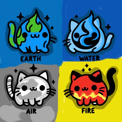 4 cats that represent the different elements, earth, water, air, and fire