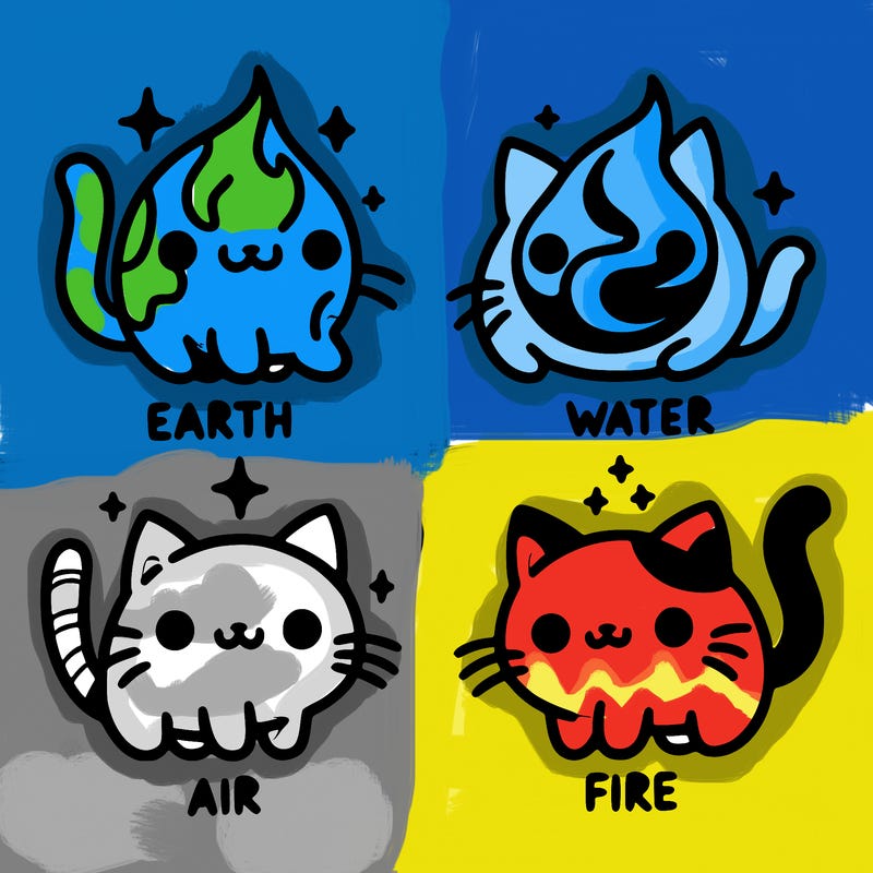 4 cats that represent the different elements, earth, water, air, and fire