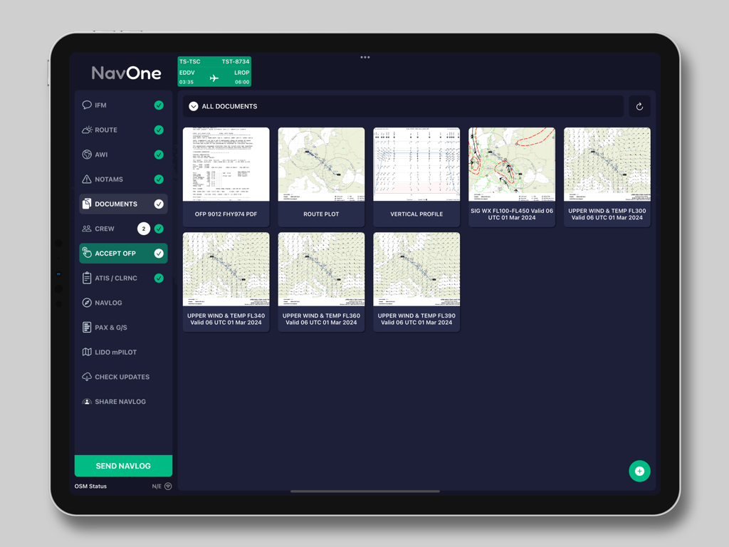 NavOne EFB application interface on an iPad showing a digital document grid with flight plans and weather charts