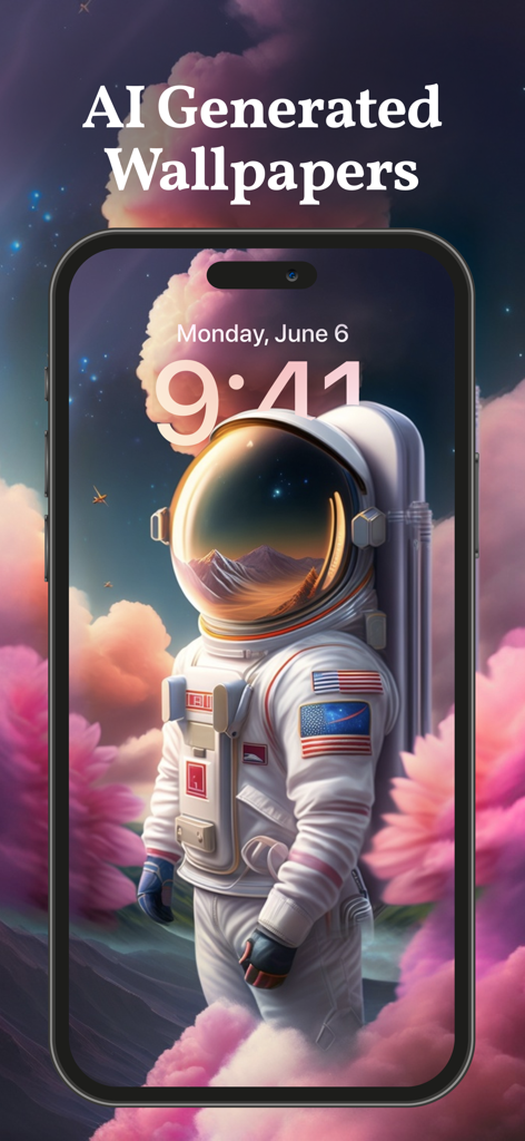 iPhone lock screen featuring an AI generated astronaut wallpaper with pink flowers