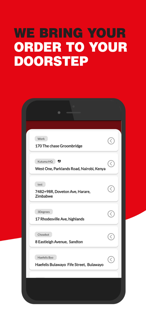 Pantalla de la aplicación Dial A Delivery 2.0 que muestra una lista de direcciones de entrega guardadas