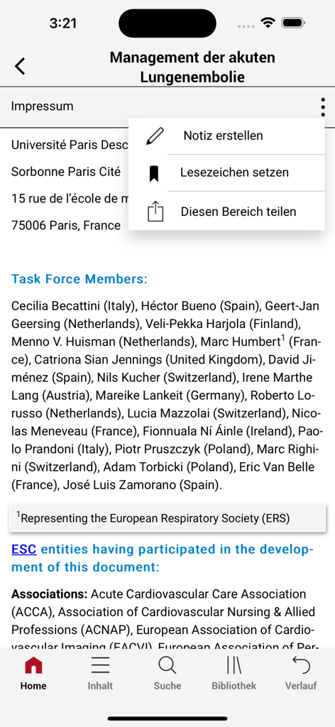 DGK Pocket-Leitlinien - DGK Pocket-Leitlinien app interface showing medical guidelines and interactive menu with note and bookmark features