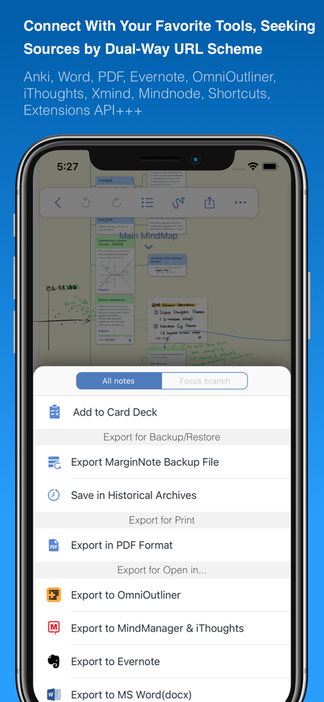 MarginNote 3 export menu showing integrations with Anki Word Evernote and PDF