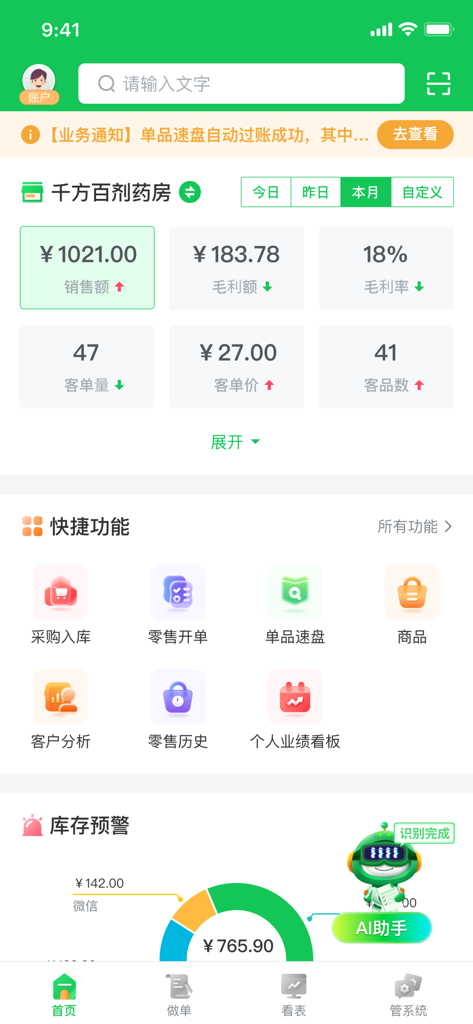 qfbjyun mobile assistant - Digital pharmacy management dashboard showing real-time sales metrics, profit analysis, and inventory alerts.