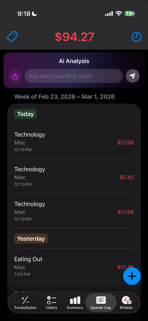 Budget Hive - Interfaccia Spendr Log dell'app Budget Hive che mostra le spese categorizzate e un grafico di analisi delle spese AI.