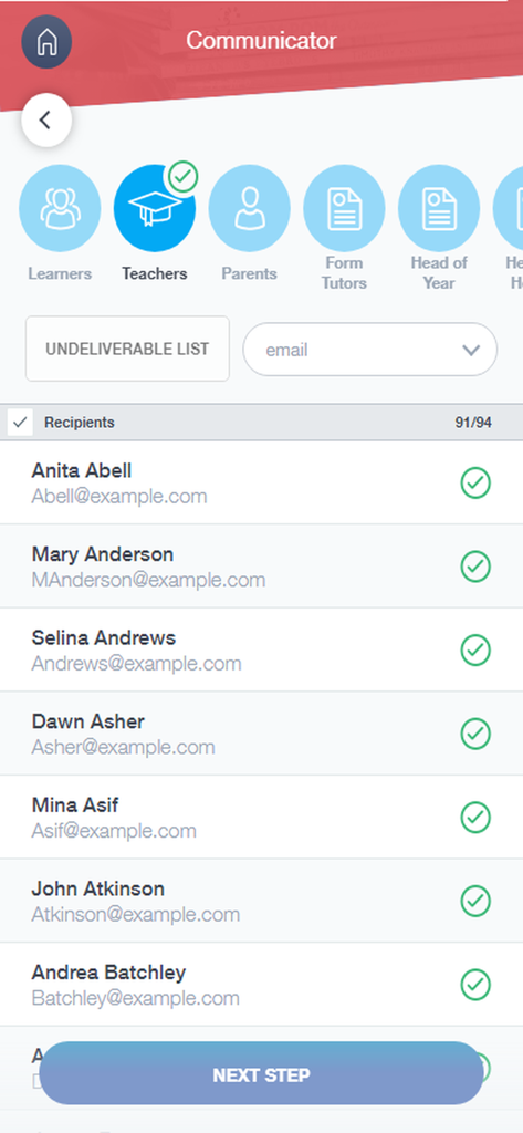 EduLink One - Interface showing the communicator feature with a list of teacher names selected as recipients