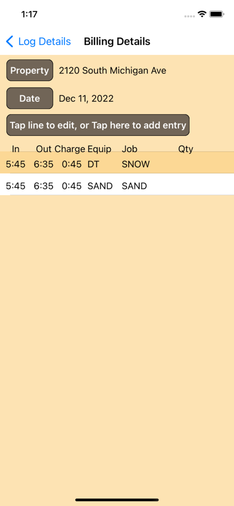 mpengo Snow - Billing details screen in the mpengo Snow app showing service logs for snow and sand jobs at a property address.