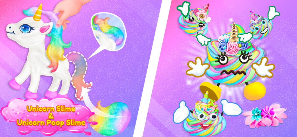 Fluffy Slime DIY Maker - Um unicórnio branco e personagens fofos de slime arco-íris do aplicativo Fabricante de Slime Fofo DIY