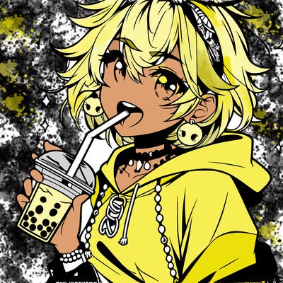 hot baddie anime girl drinking boba and biting the straw