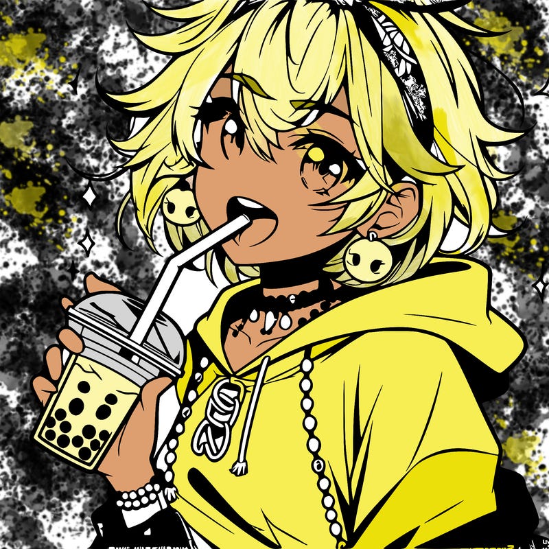 hot baddie anime girl drinking boba and biting the straw