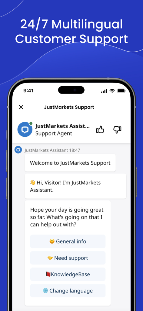 JustMarkets mobile app screenshot showing 24/7 multilingual customer support chat